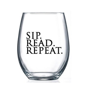 Sip. Read. Repeat. 15oz Stemless Wine Glass