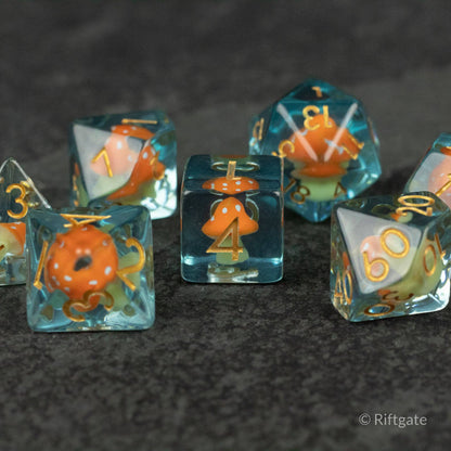 Orange + Blue Resin Mushroom Dice Set