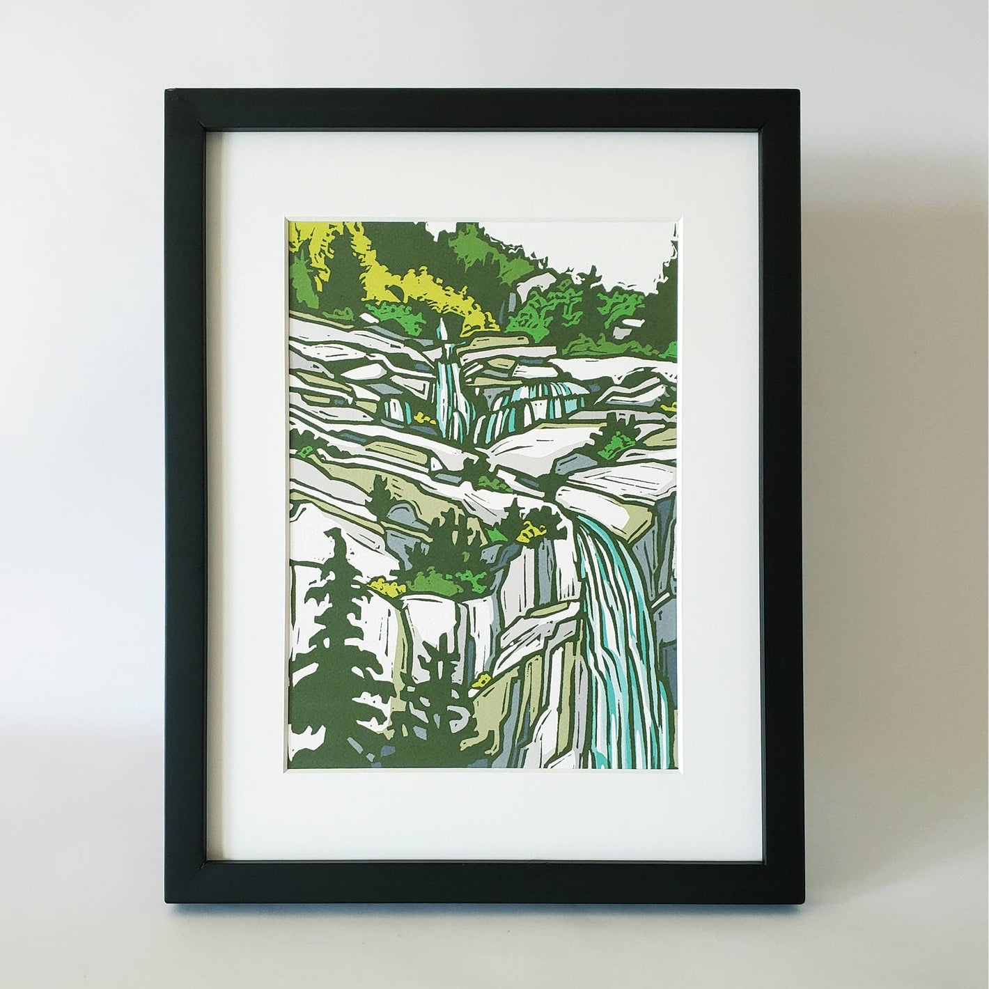 Mountain Waterfall Landscape Matted Art Print 8.5x11