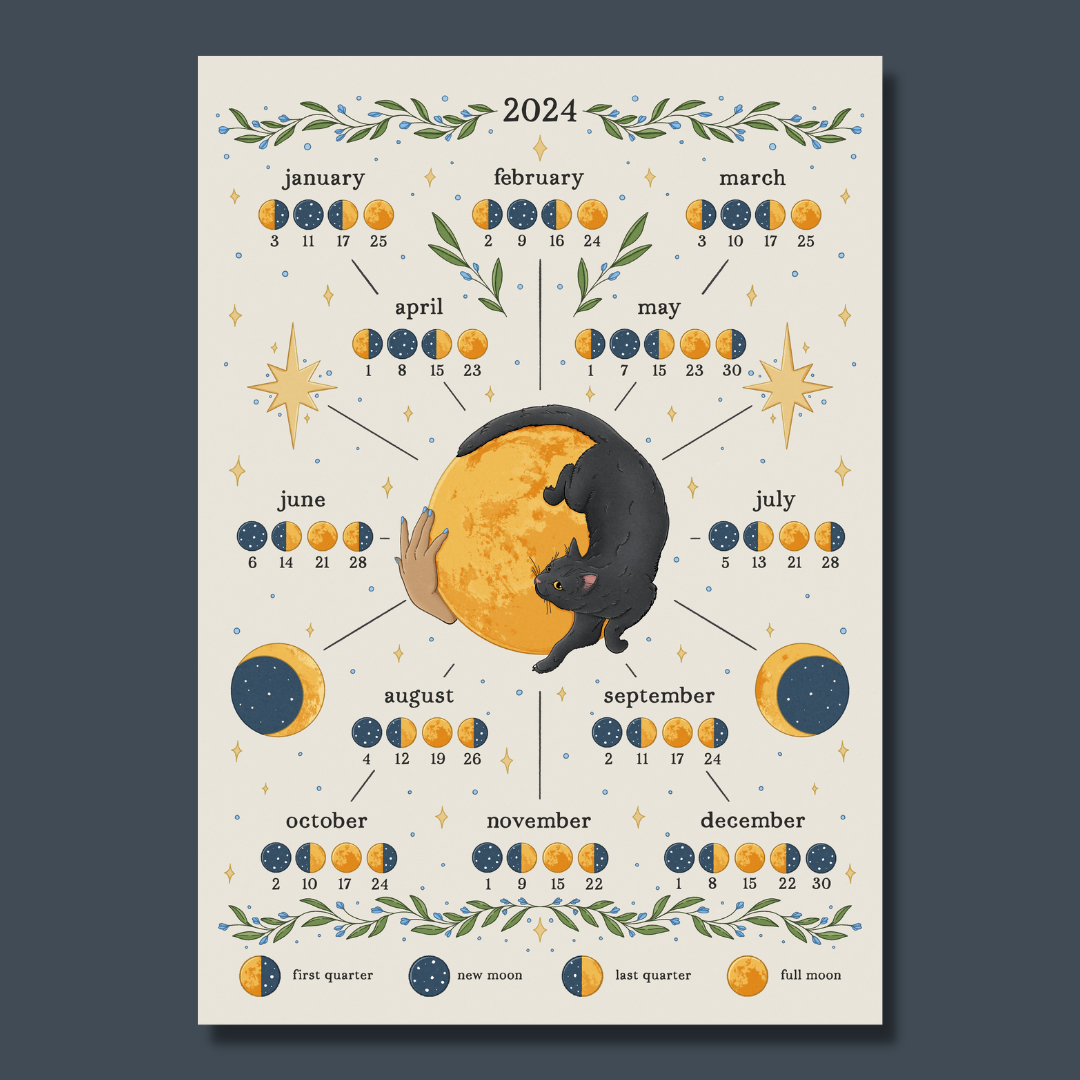 2024 Black Cat and Moon Lunar Magnetic Calendar