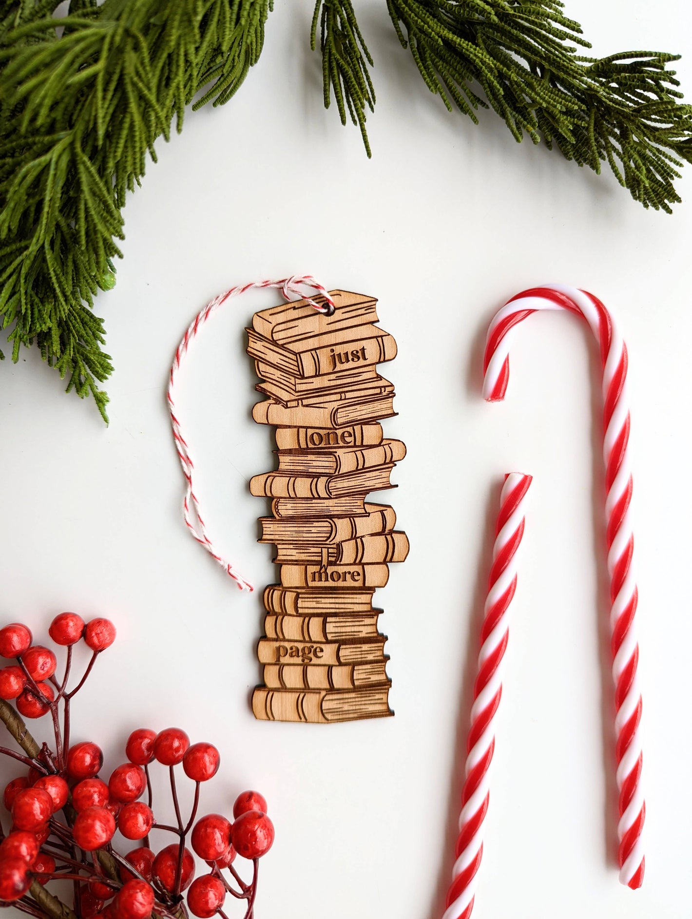 Book Stack Just One More Page Wooden Ornament: Ornament only