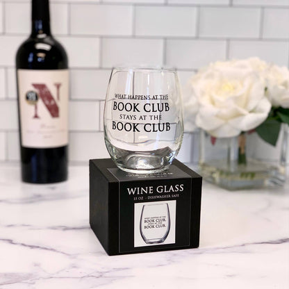 What happens at the Book Club. 15oz Stemless Wine Glass