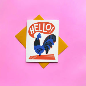 Hello! Rooster Risograph Greeting Card