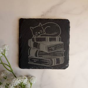 Cat On Book Stack Book Themed Coasters